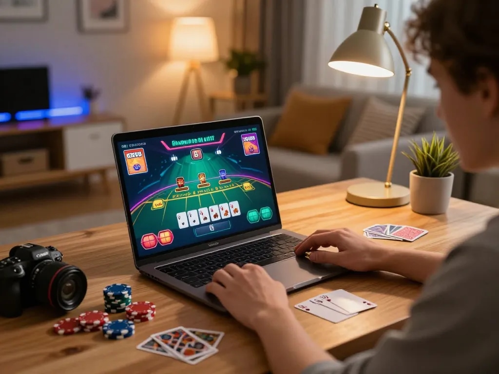 Person enjoying a blackjack game on their laptop at home, highlighting responsible gaming with Kwin.