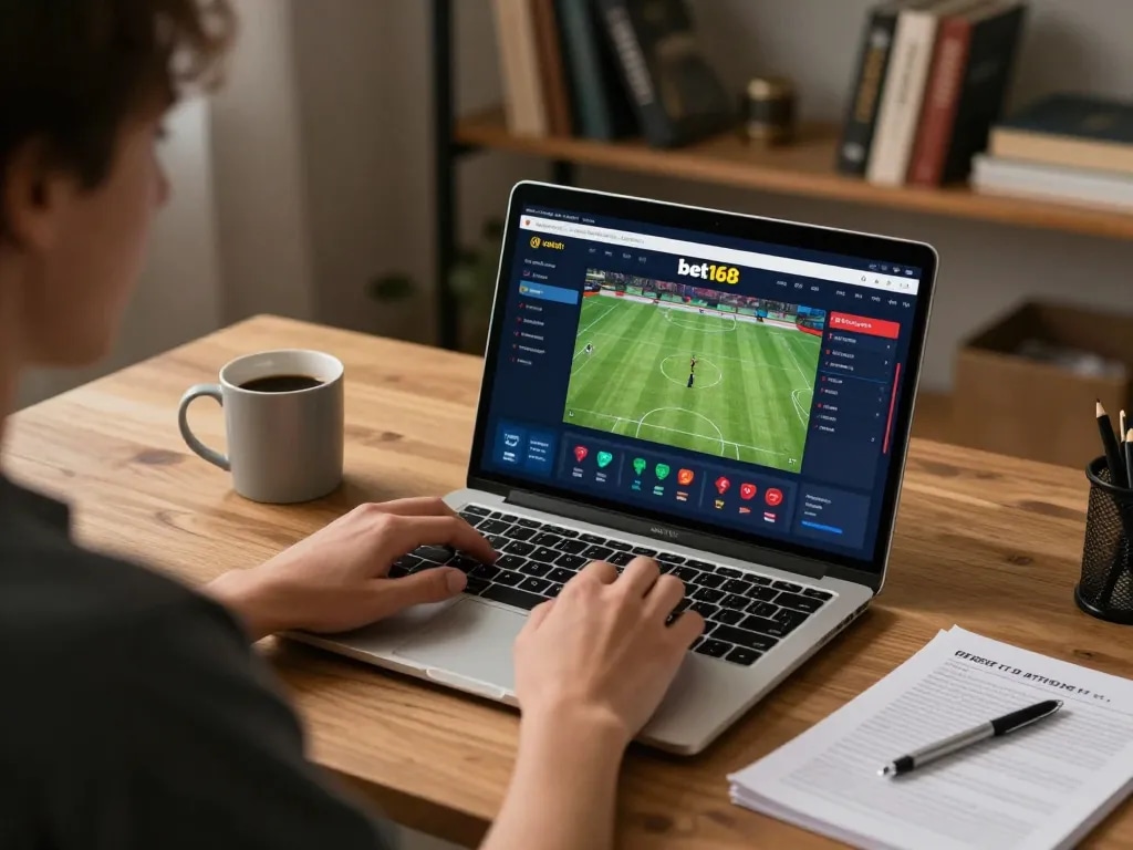 Player enjoying sports betting on bet168 from a cozy home office, showcasing strategic notes and a laptop.