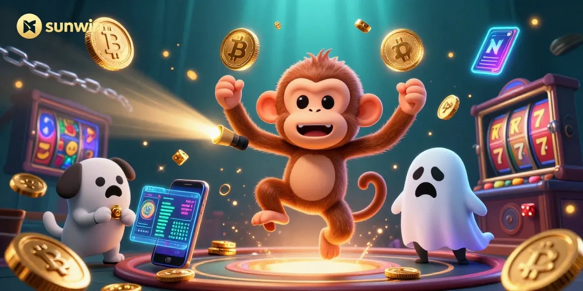 Sunwin's mischievous poltergeist monkey juggles golden coins in a lively casino scene.