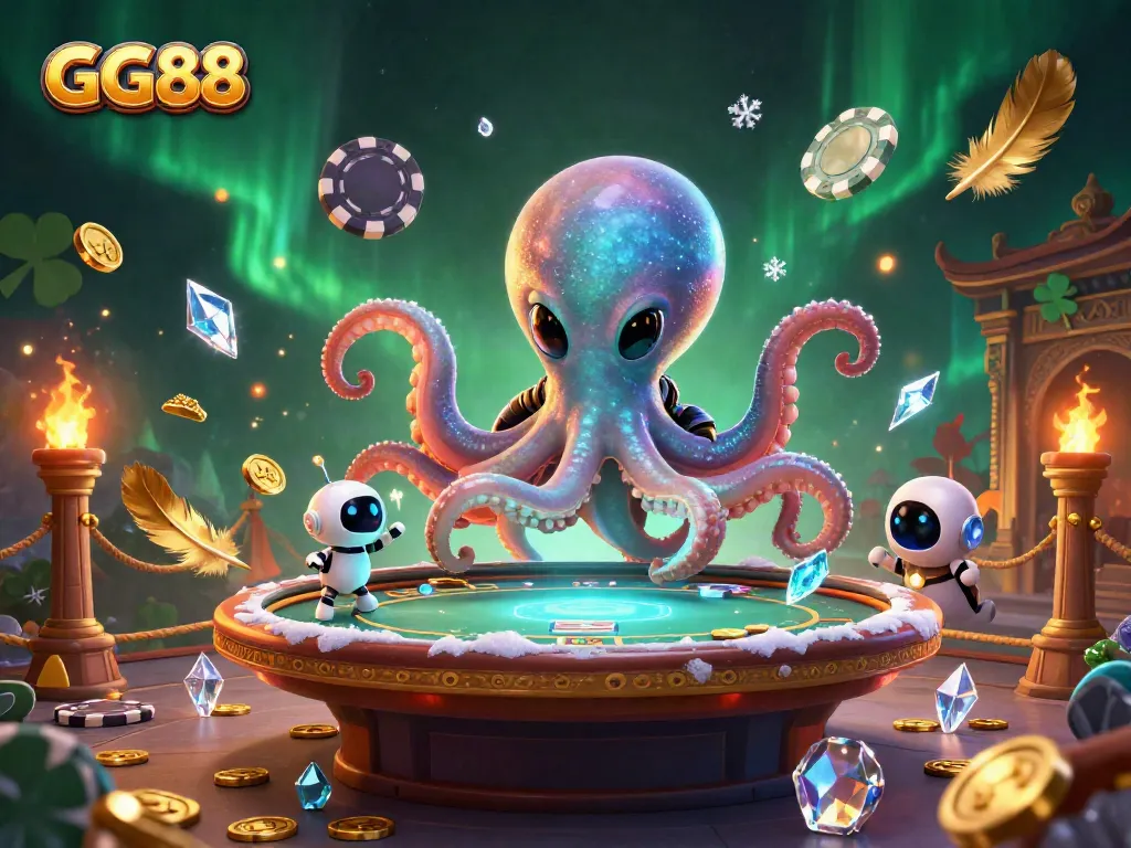 Engage in thrilling gameplay with GG88 at a holographic poker table in an alien casino realm.