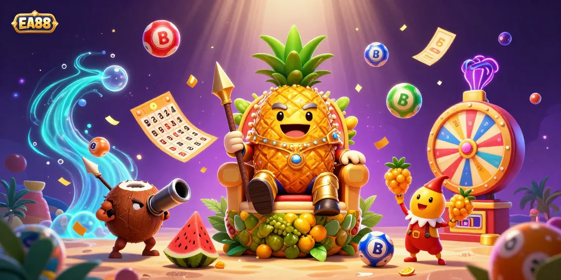 Experience excitement with EA88 at a vibrant beach casino featuring golden pineapple king and dynamic game elements.