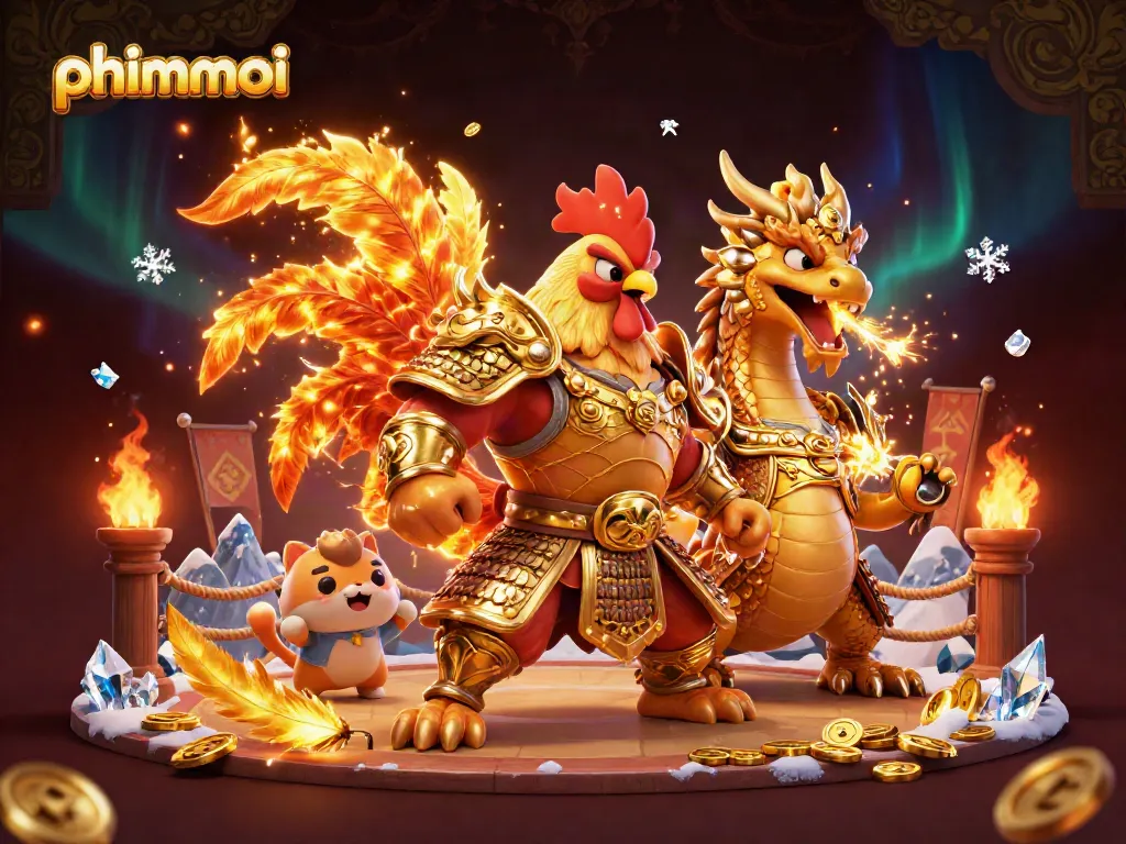 Experience phimmoi with a vibrant scene featuring a rooster warrior and dragon hatchling in a dynamic casino environment.