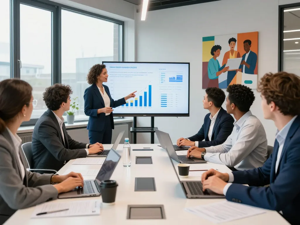 Samenwerkingsvergadering waarin bedrijven in Utrecht met diverse professionals strategische groeidata analyseren.