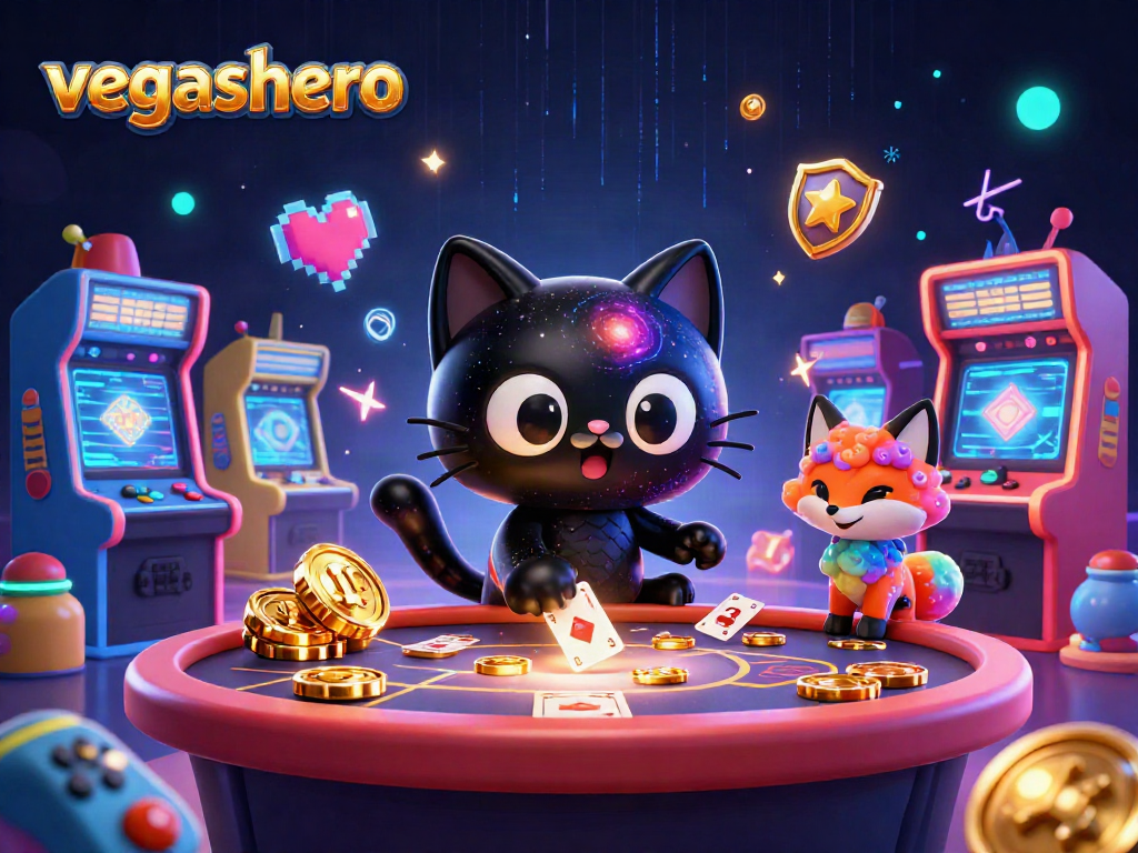 Experience vegashero in a cosmic casino with a black hole cat and nebula fox pulling in chips and cards.