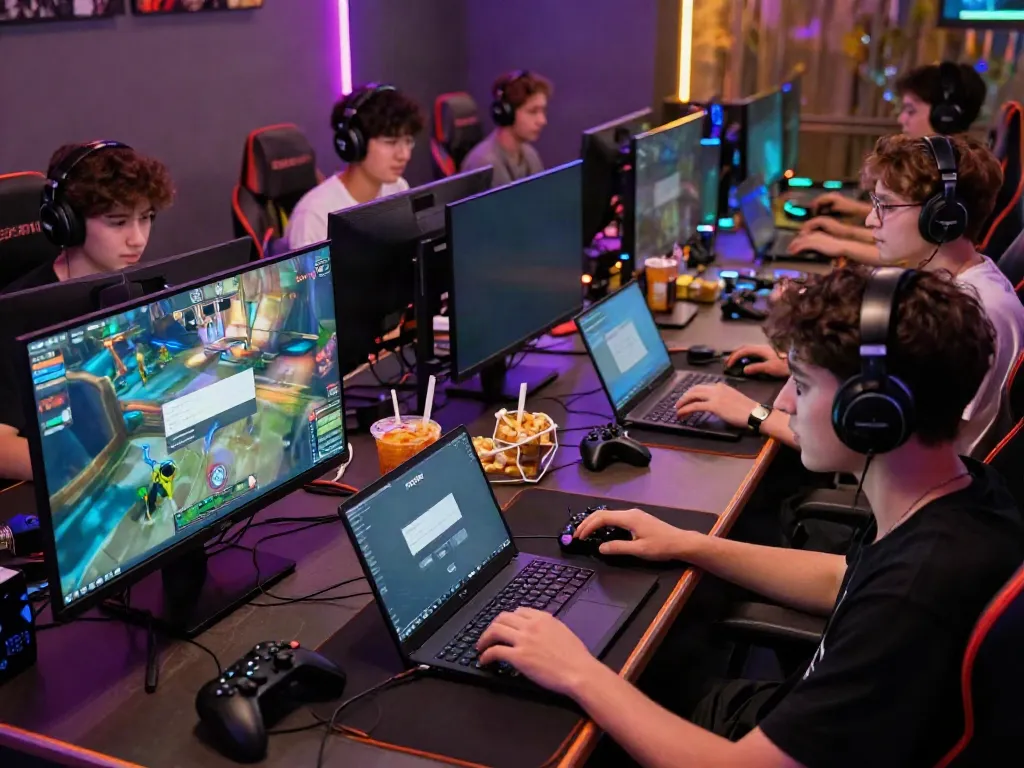 Engaged gamers using ROKOK88 login in a vibrant gaming lounge.