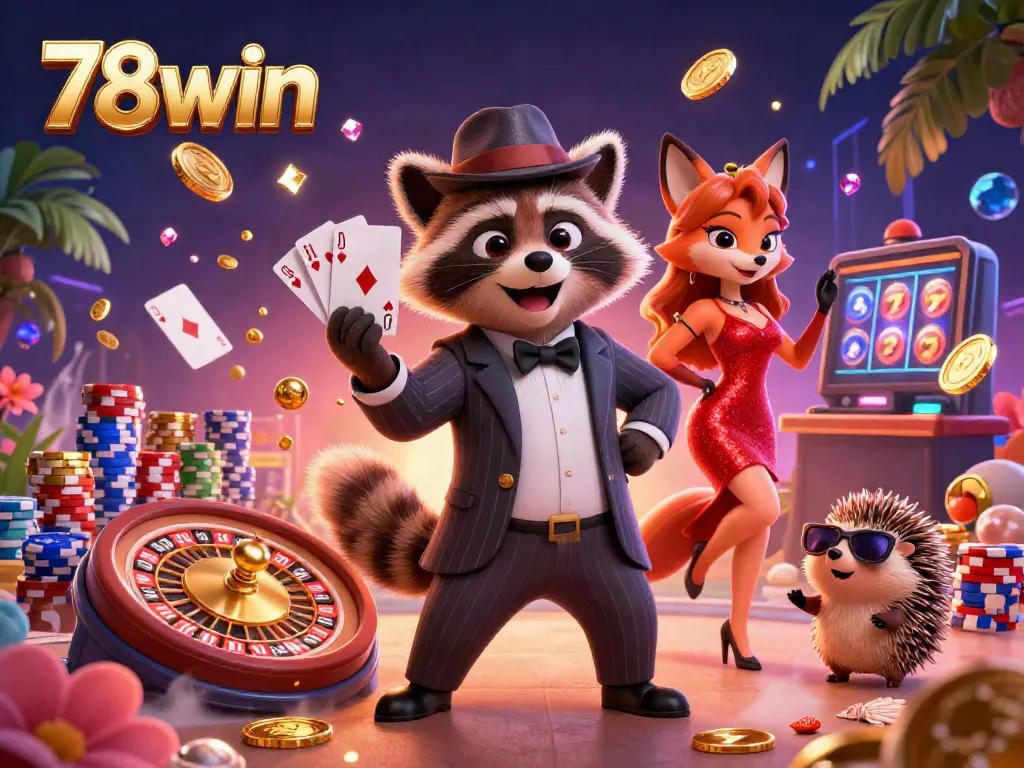 Experience the vibrant gaming world of 78win with lively characters and dynamic casino elements.
