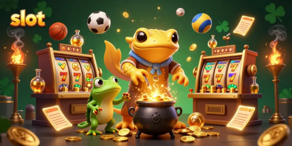 Experience thrilling slot machine gameplay surrounded by gold in a vibrant 3D casino scene.