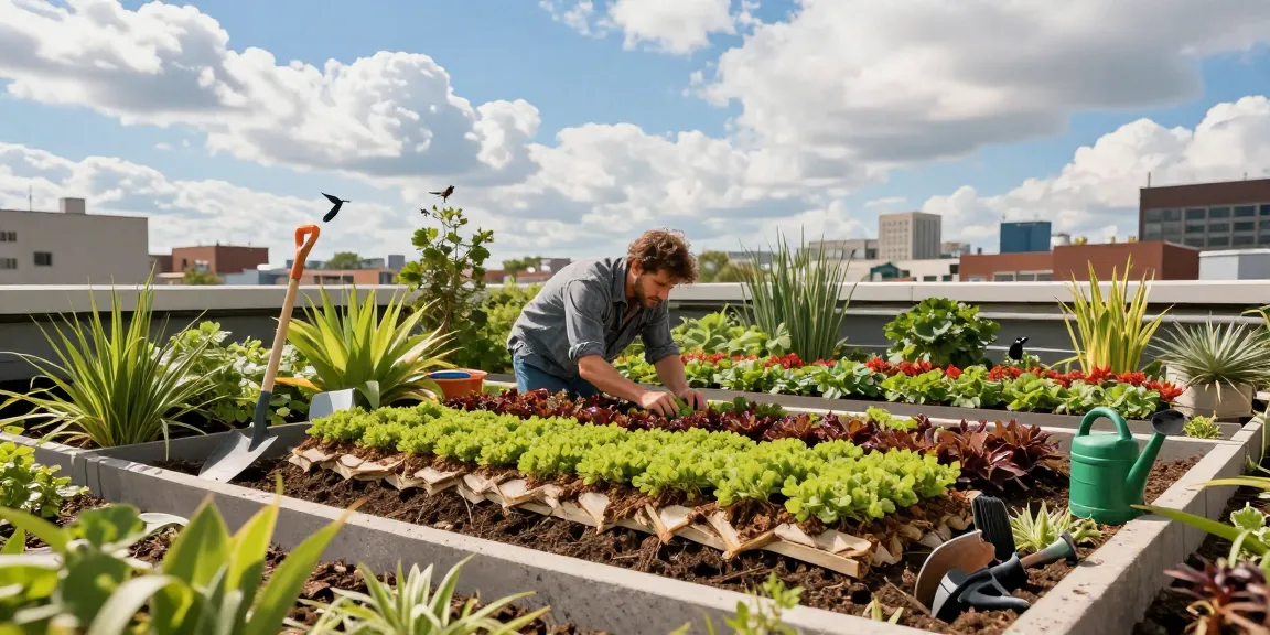 Installatie van detail sedumdak met lagen substraten en gezonde sedumplanten in een stedelijke daktuin.