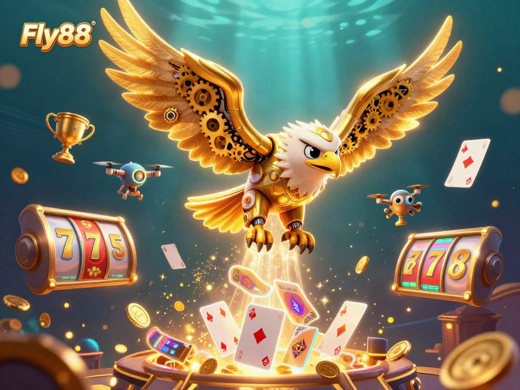 Fly88 showcases a dynamic 3D illustration of a golden eagle diving through holographic cards, surrounded by gaming elements.