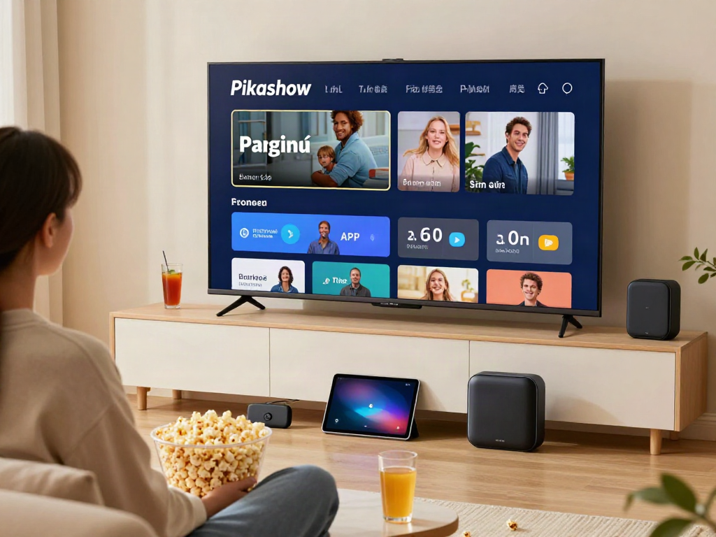 Cozy living room environment with Pikashow APK streaming on a smart TV.