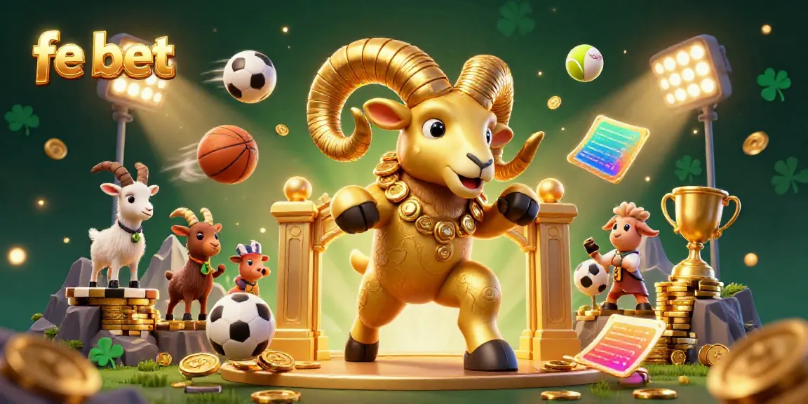 Engage with fe bet's thrilling casino atmosphere featuring a bold golden ram charging through a dynamic sports scene.