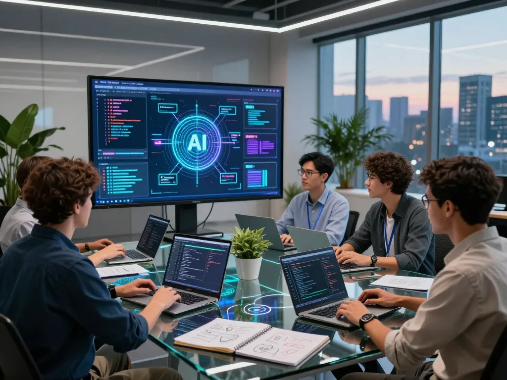 Diverse tech team collaborating on innovative juicy ai solutions in a modern workspace.
