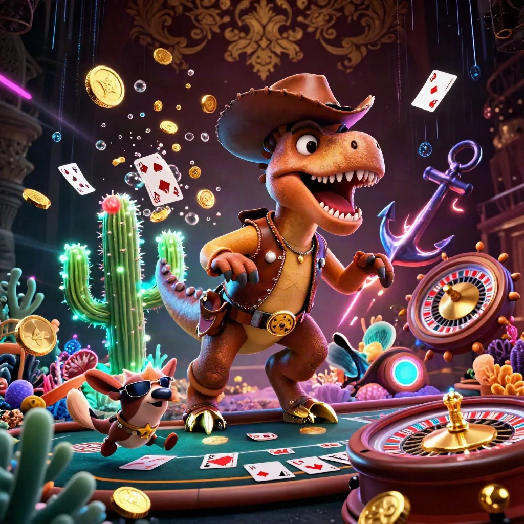 3D cowboy-T-Rex, cactus en sheriff-roadrunner in goud en neon casino-schat