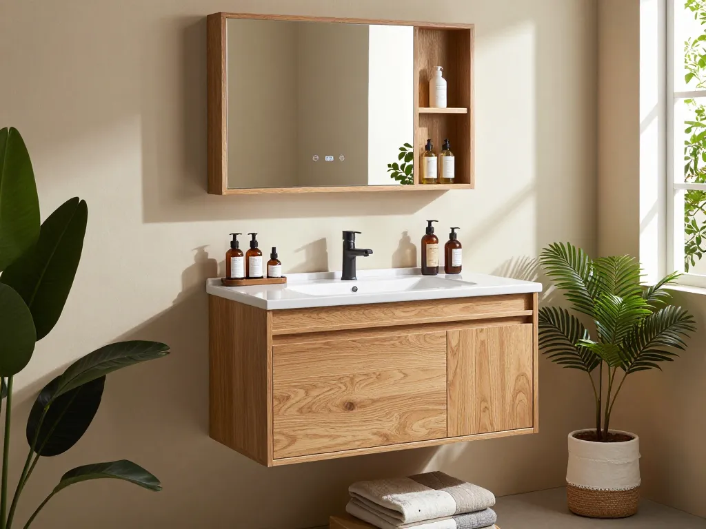 Stijlvolle badkamer kasten in natuurlijk eiken die organisatie en design tonen.