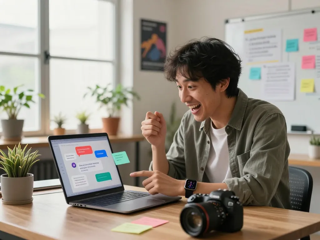 Engaging scene showcasing a user interacting with spicy chat AI on a laptop in a lively tech workspace, filled with colorful chat bubbles and motivational elements.