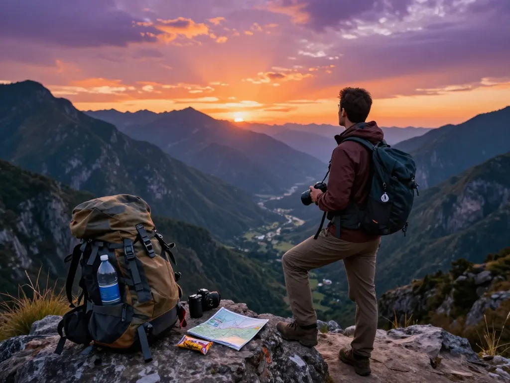 Traveler at stunning mountain viewpoint capturing sunset with Fly88 gear.