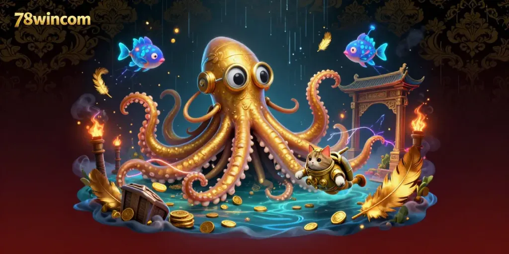 Engage in thrilling action at 78wincom, where a kraken and diving cat showcase gambling excitement with golden treasures.