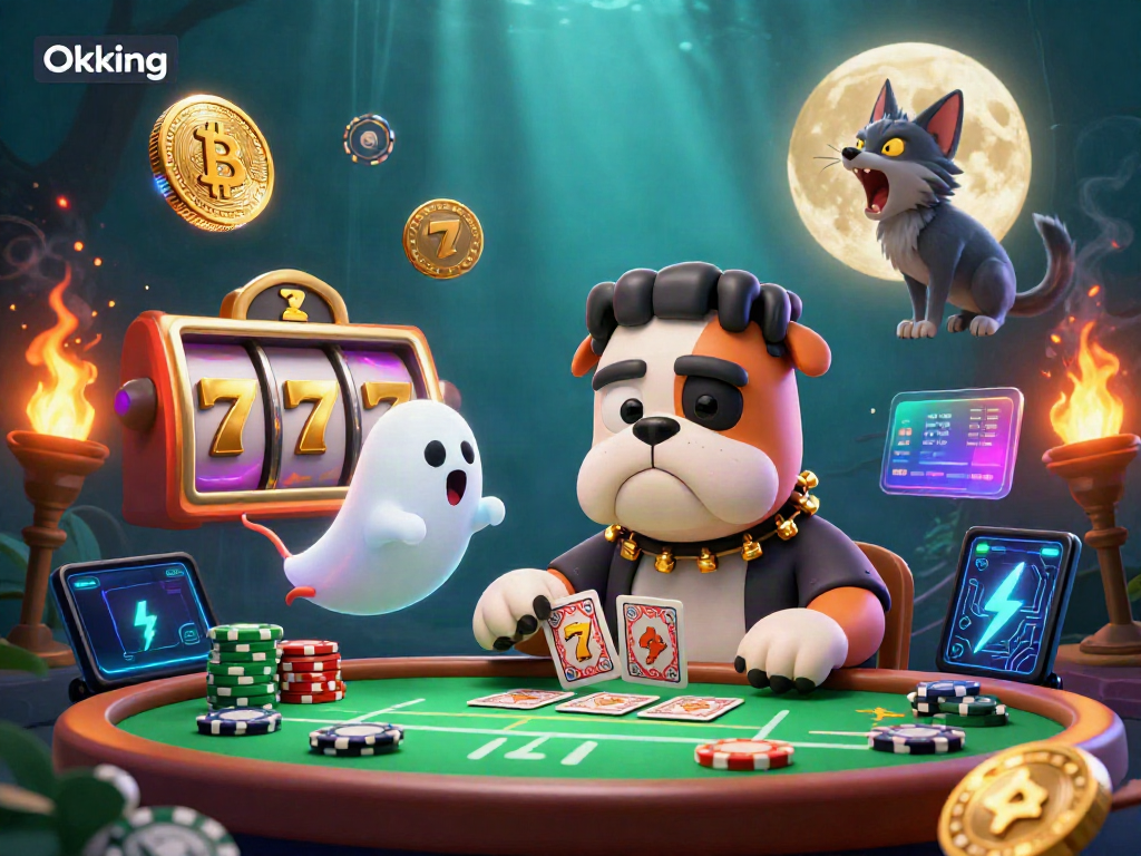 Experience the thrill of gaming at Okking with dynamic cards dealt by a unique cartoon character in a magical casino setting.
