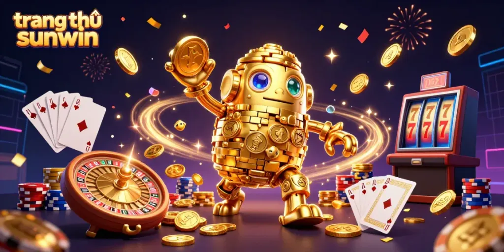 Engaging 3D illustration showcasing the allure of trang chủ sunwin with gold coins, vibrant casino elements, and dynamic characters.