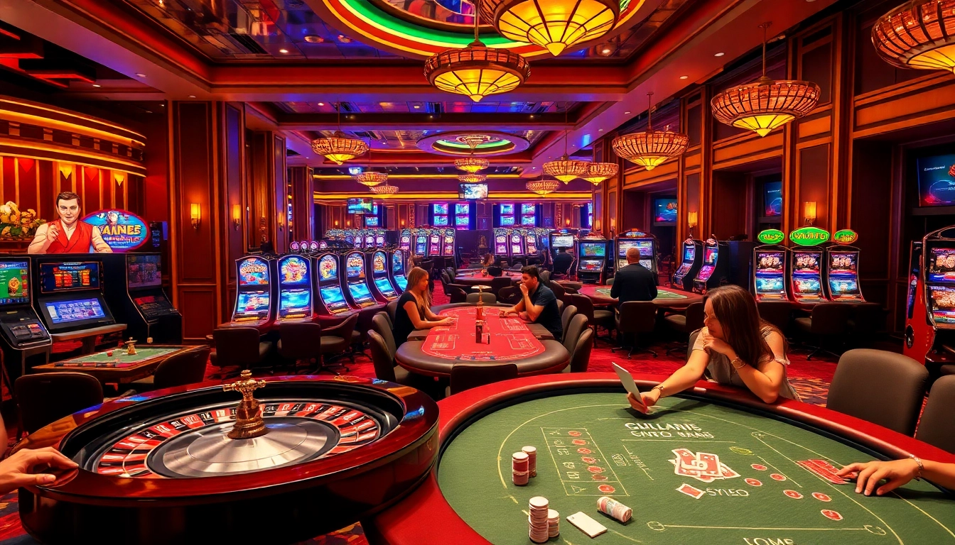 Experience high-stakes gaming at da88 with vibrant tables, roulette wheels, and excited players.