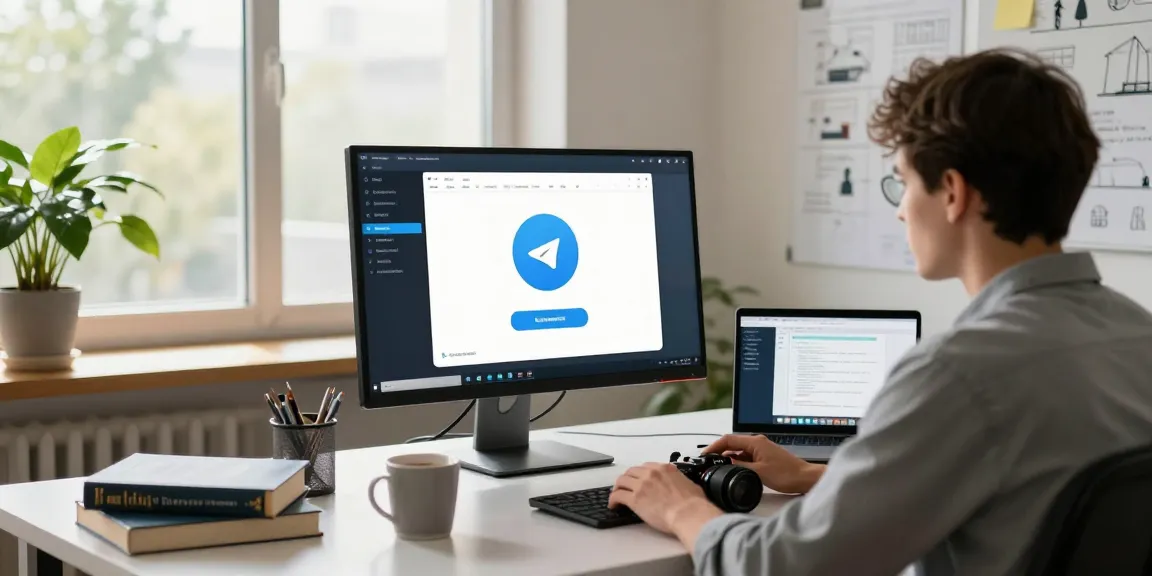 Download Telegram app interface on a developer's workspace in a cozy, modern office setting.