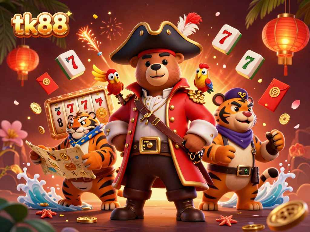 Engage in thrilling gaming adventures with tk88 at a vibrant casino scene featuring colorful characters.