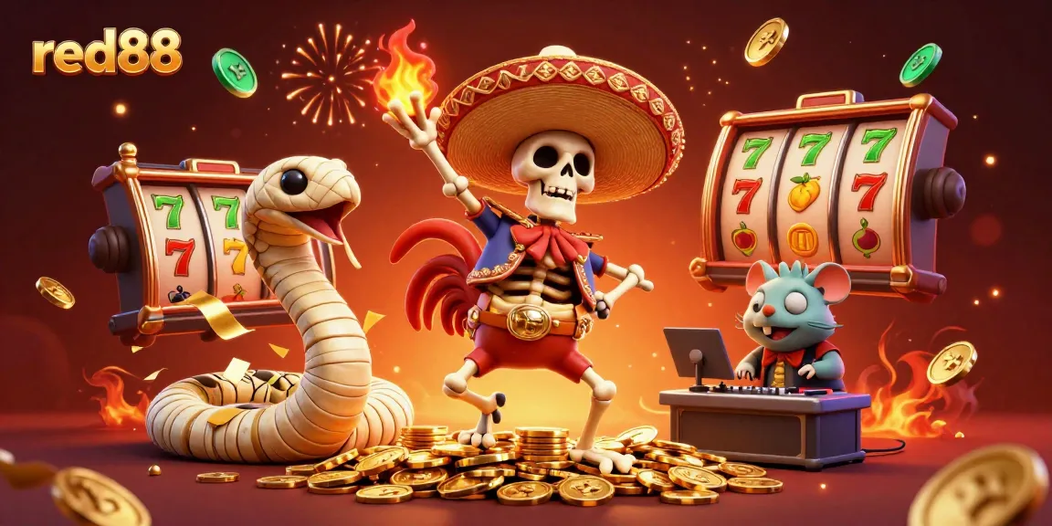 Celebrate wins at red88 with vibrant 3D characters dancing among golden coins and jackpot reels.