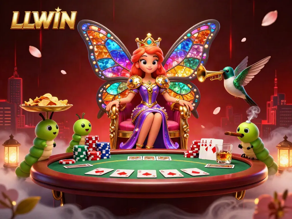 Experience the vibrant gaming world of LLWIN with dynamic poker elements and a whimsical butterfly queen illustration.