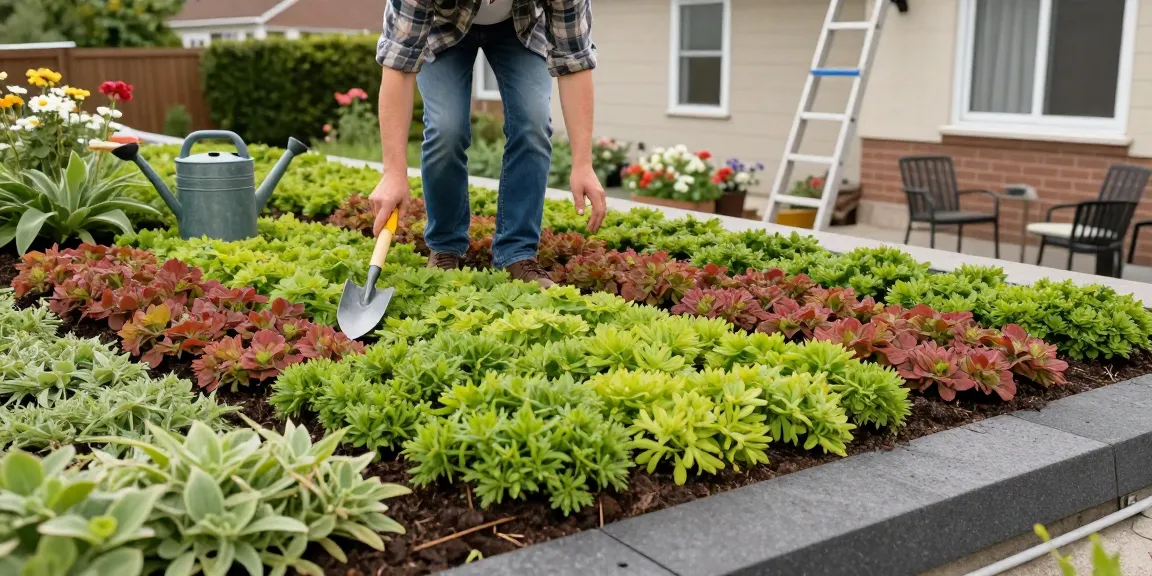 Detail van sedumdaklagen met levendige sedumplanten en tuingereedschap in een zonnige achtertuin.