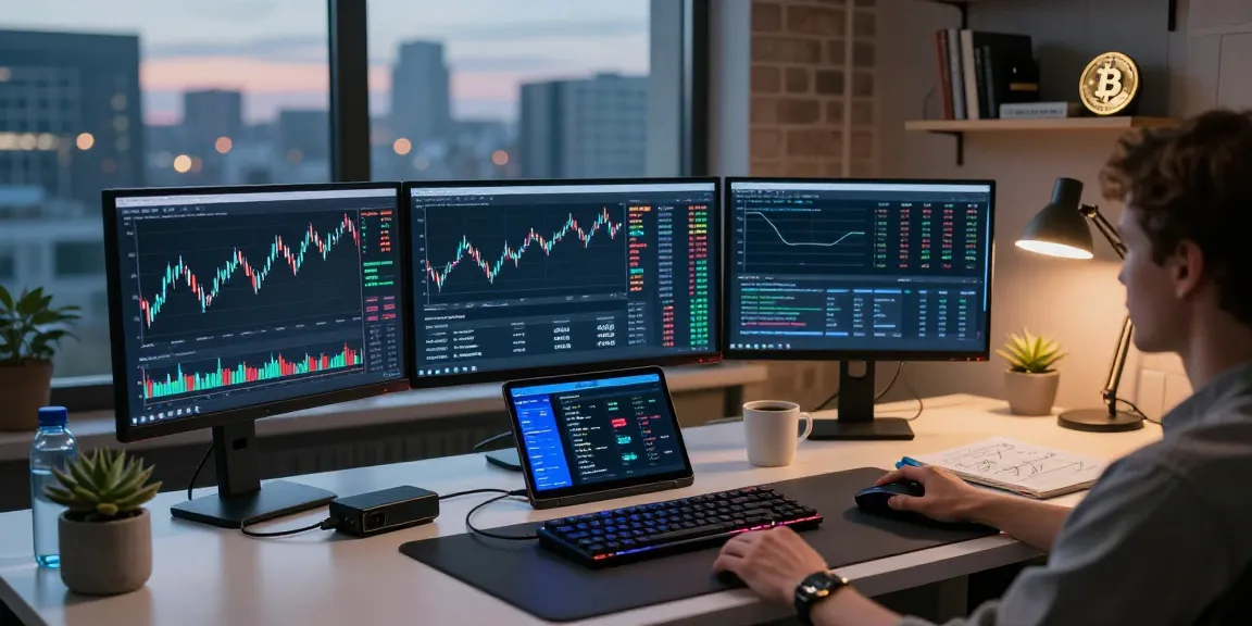 Professionele werkplek van websitepioniers met crypto trading en digitale wallets.