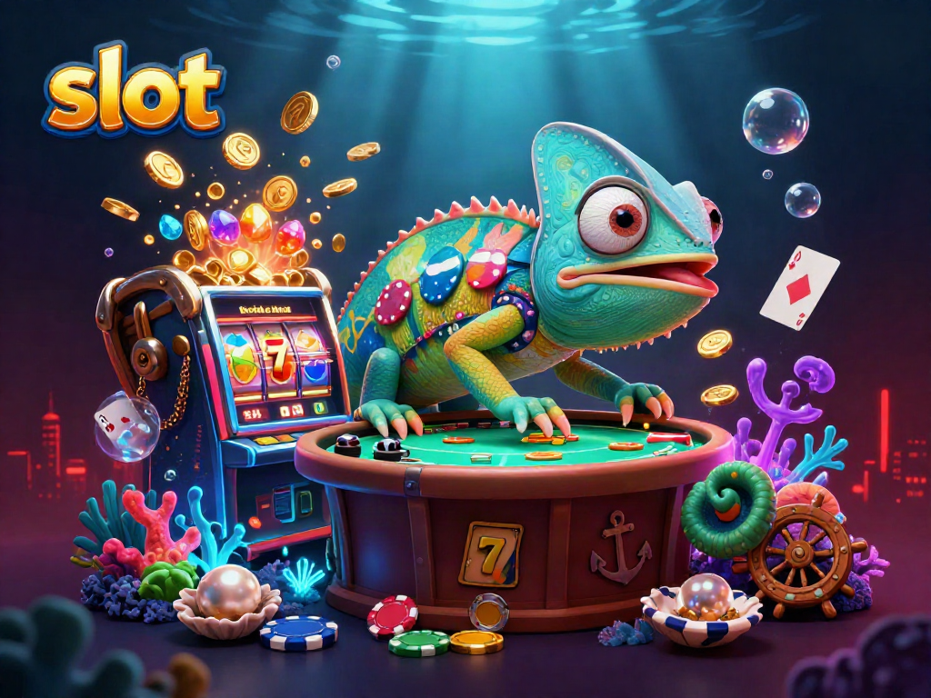Experience thrilling slot adventures with our vibrant casino chameleon character amidst gems and gold.