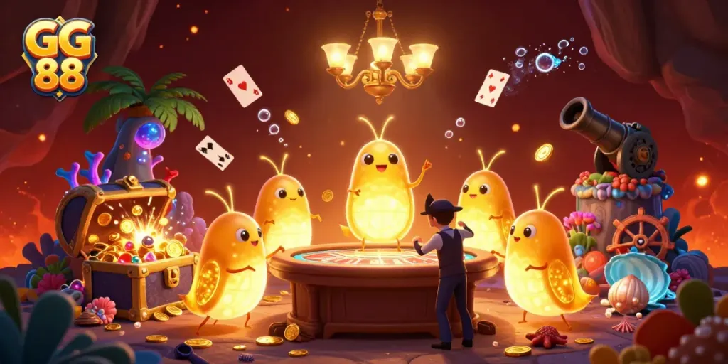 Experience the vibrant GG 88 casino atmosphere, illuminated by bioluminescent glowworms and dynamic gaming elements.