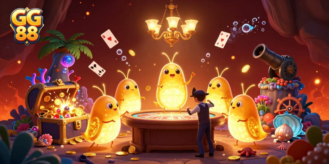 Experience the vibrant GG 88 casino atmosphere, illuminated by bioluminescent glowworms and dynamic gaming elements.