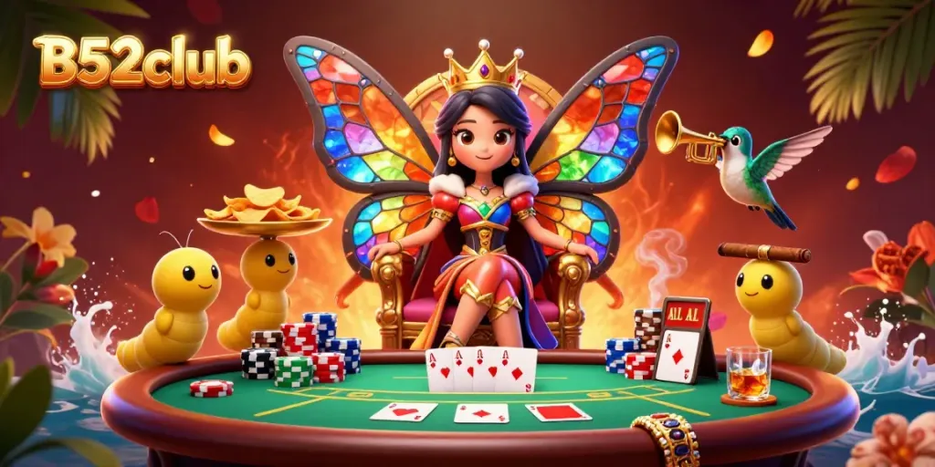 B52club brings excitement with a lively casino scene featuring a butterfly queen and poker elements.