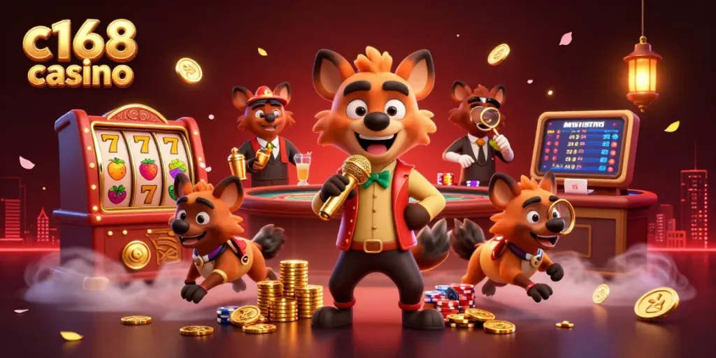 Experience the excitement at c168 casino with hyenas in a vibrant comedy club scene full of games and laughter.