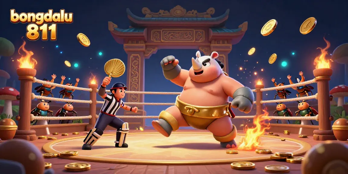 Bongdalu 811 sports arena scene showcasing a rhinoceros beetle champion and golden coins flying.
