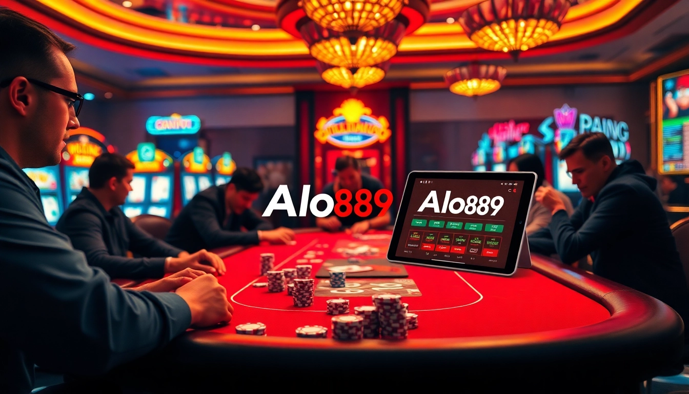 Alo789 players engaging in high-stakes casino action with vibrant gaming tables and immersive digital interfaces.