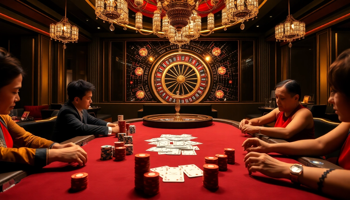 Enthusiastic players enjoying a sophisticated game at UU 88 casino, showcasing vibrant poker actions and luxurious setting.