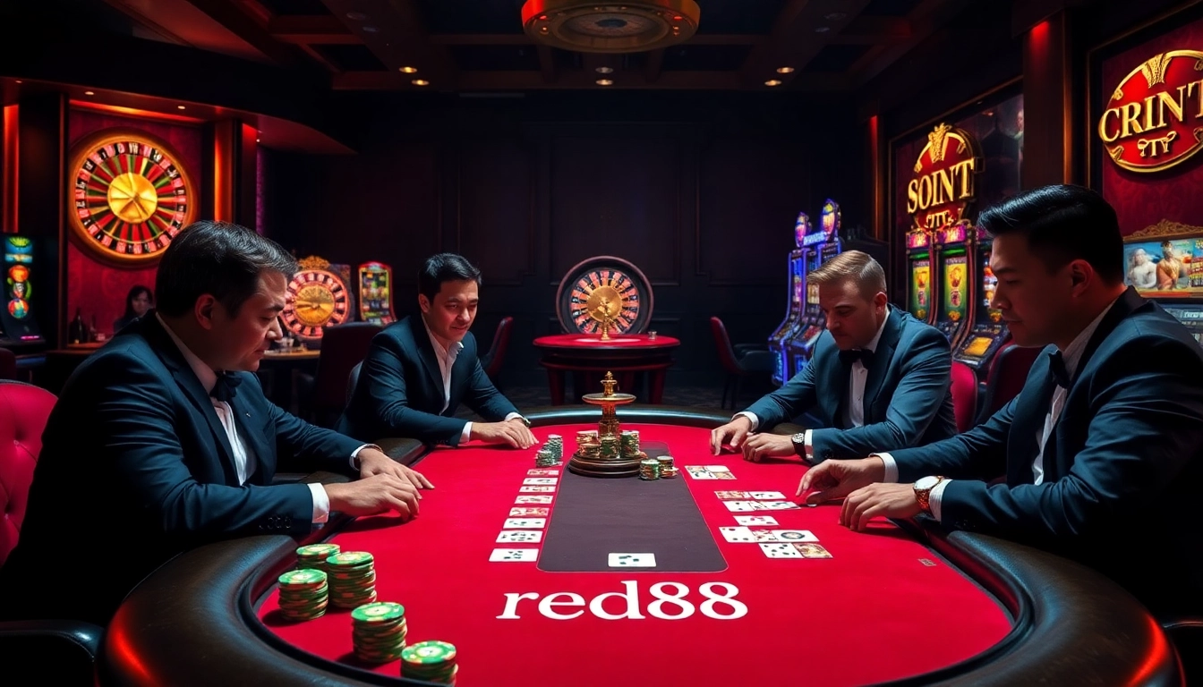 Players engaging at a luxurious red88 poker table in a vibrant casino setting