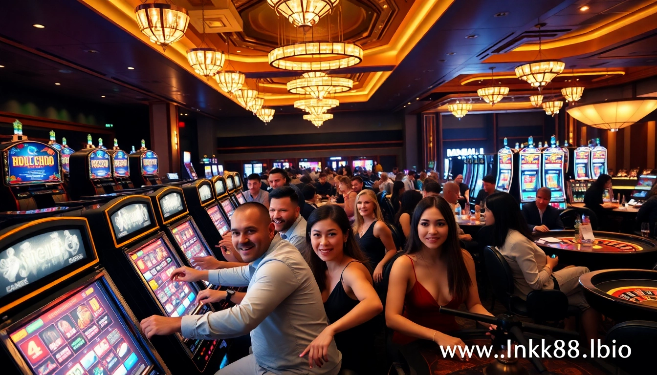 Engaged gamblers enjoying a lively casino scene at https://nk88.bio/ with vibrant games and excitement.