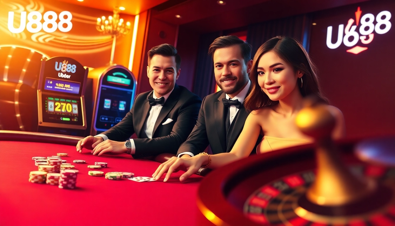 Exciting U888 casino atmosphere with poker chips, vibrant slot machines, and players engaged in games.