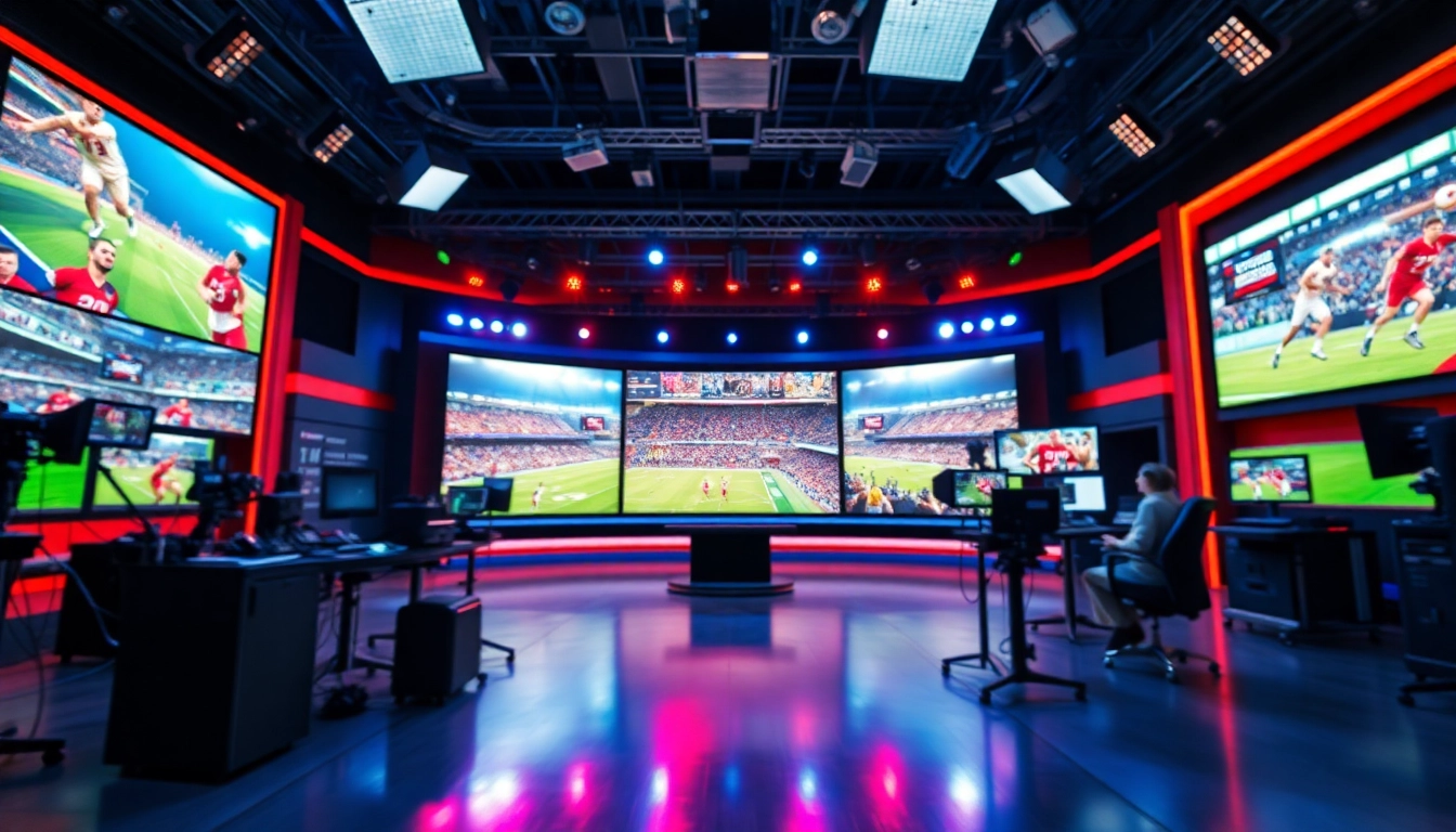 Sports Broadcasting in a high-tech studio with dynamic visuals and energetic lighting.