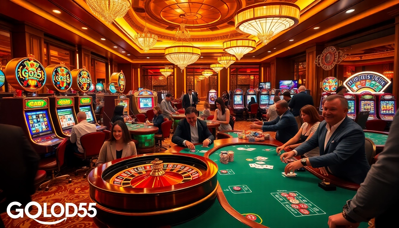 GOD55 brand casino scene with poker tables and vibrant slot machines.