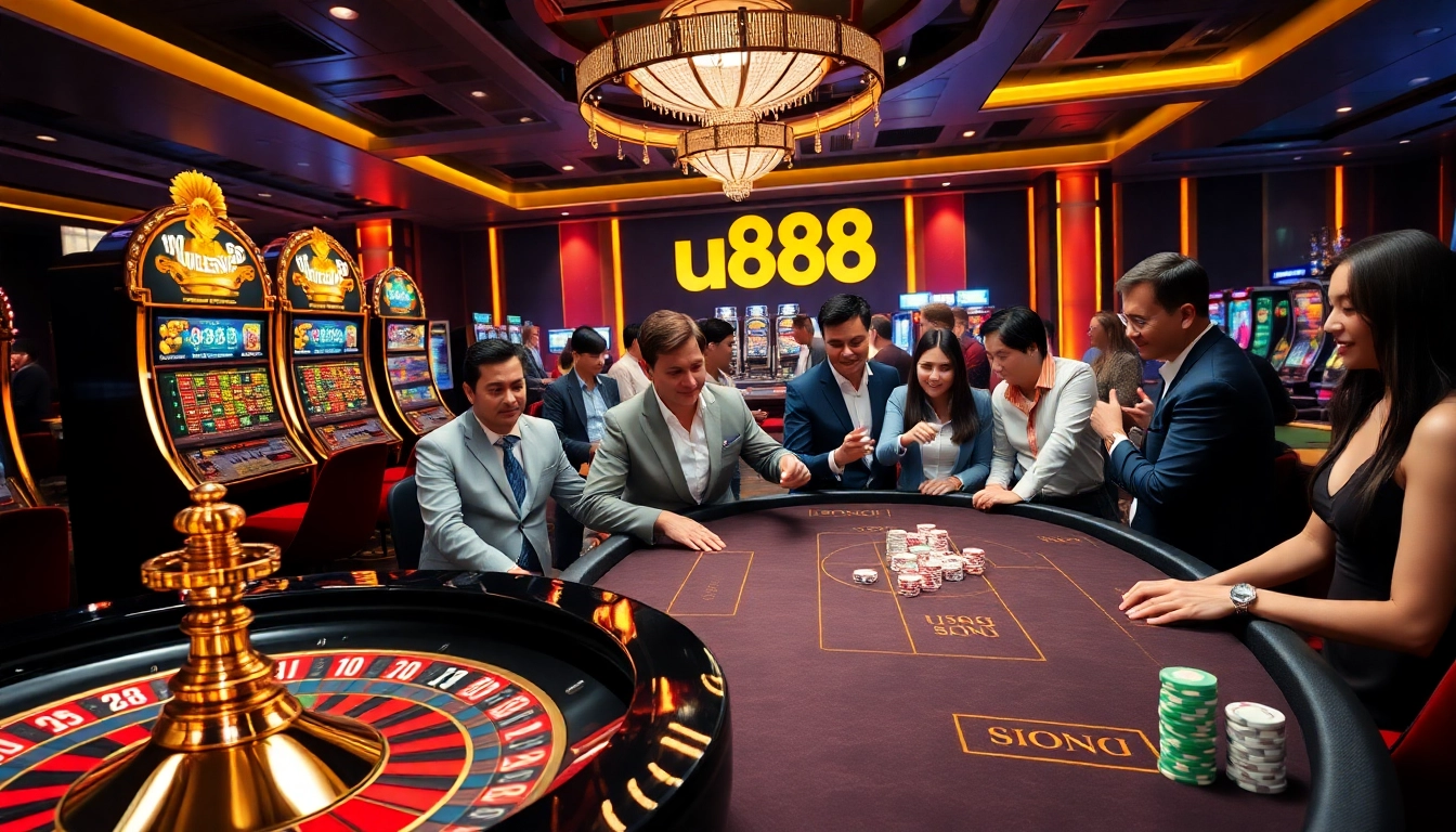 Engage in thrilling games at u888's luxurious online casino setting with poker chips and roulette.