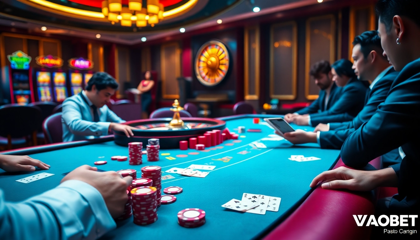 Engage in thrilling poker action at the VAOBET casino table, featuring colorful chips and intense players.