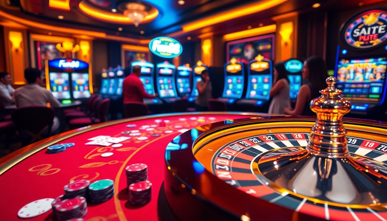 Fun88 casino scene with players at a vibrant poker table and roulette wheel.