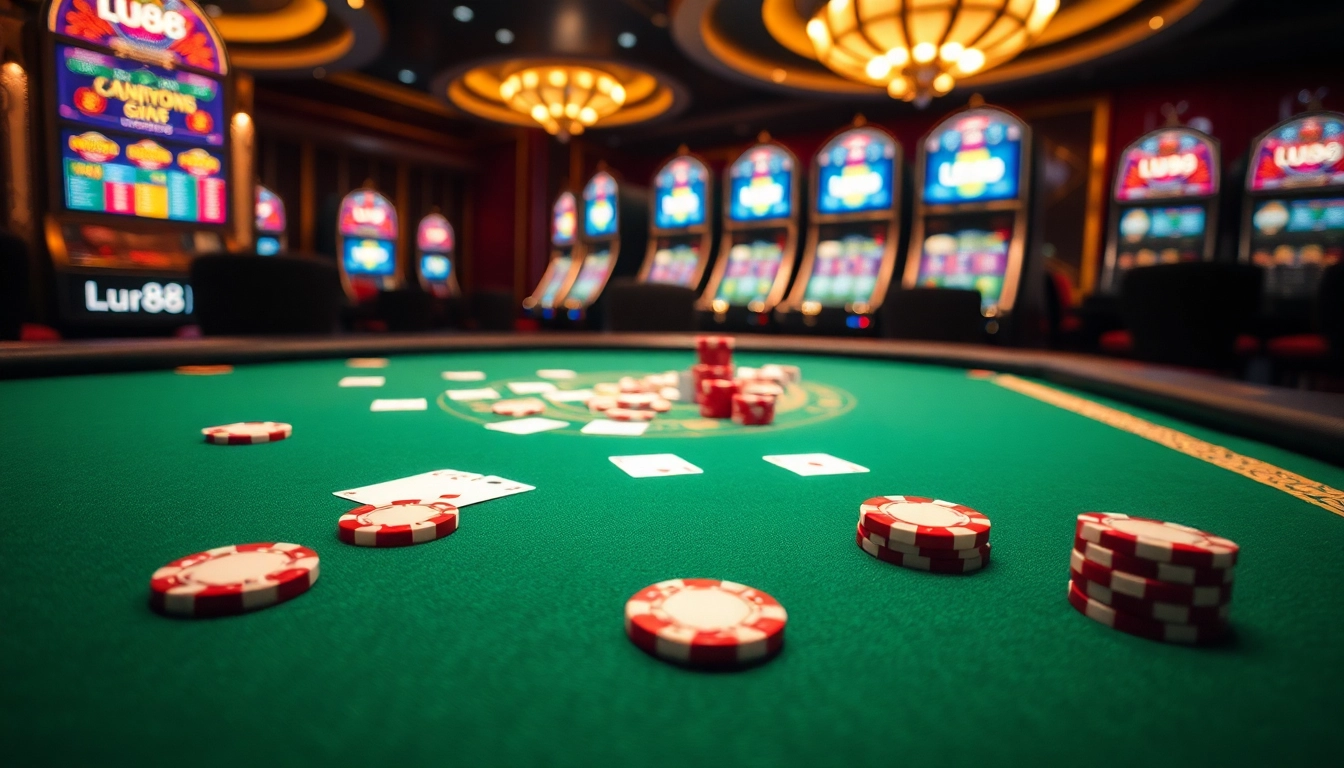 Experience thrilling action at Lu88's vibrant poker table with chips and cards.