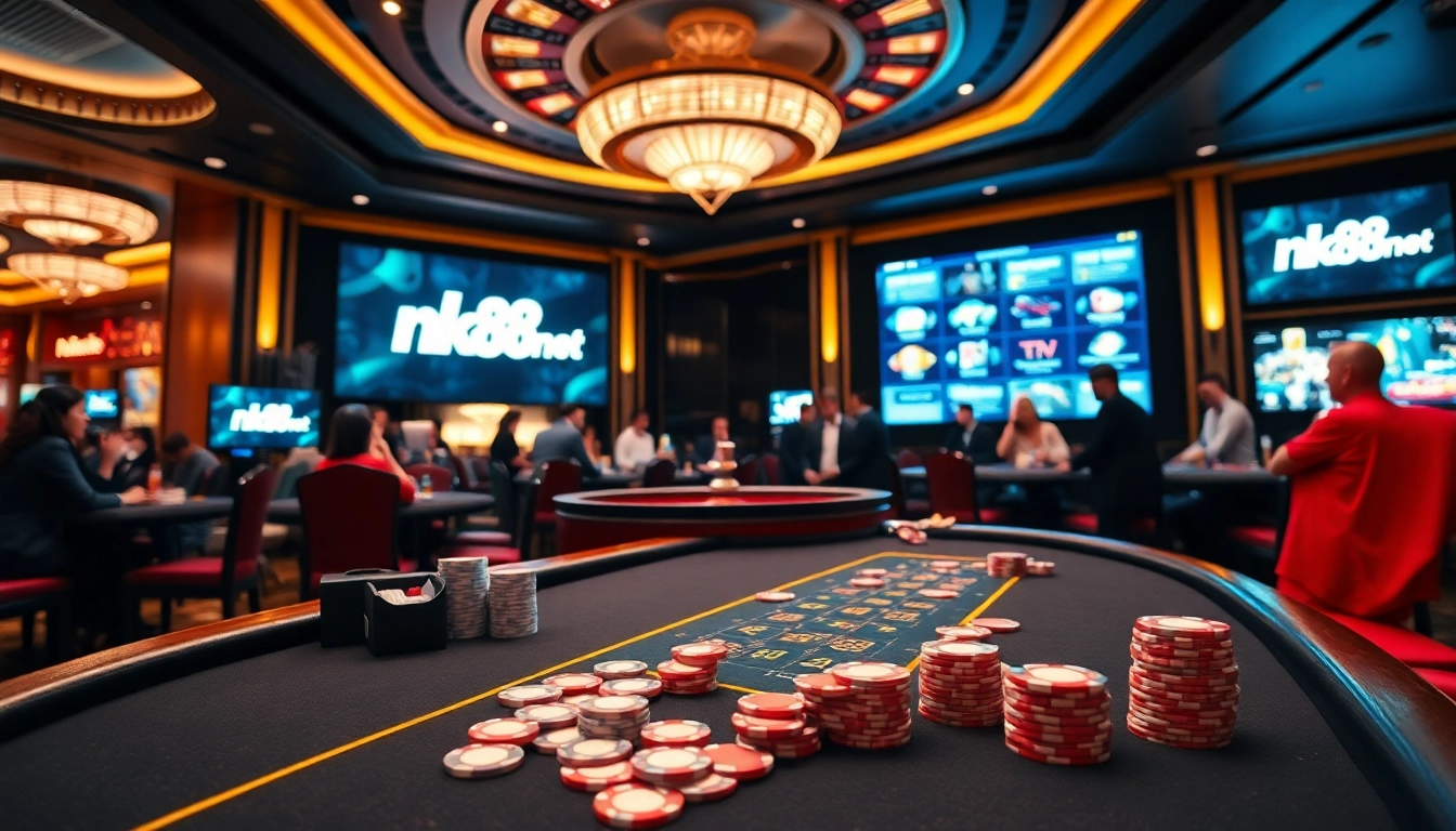 Play exciting games at nk88 net's luxurious casino venue featuring poker and roulette.