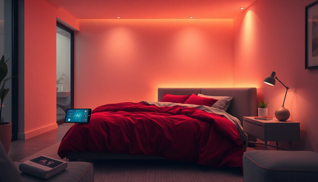 Sexting ai in a cozy, intimate bedroom setting with modern design elements.