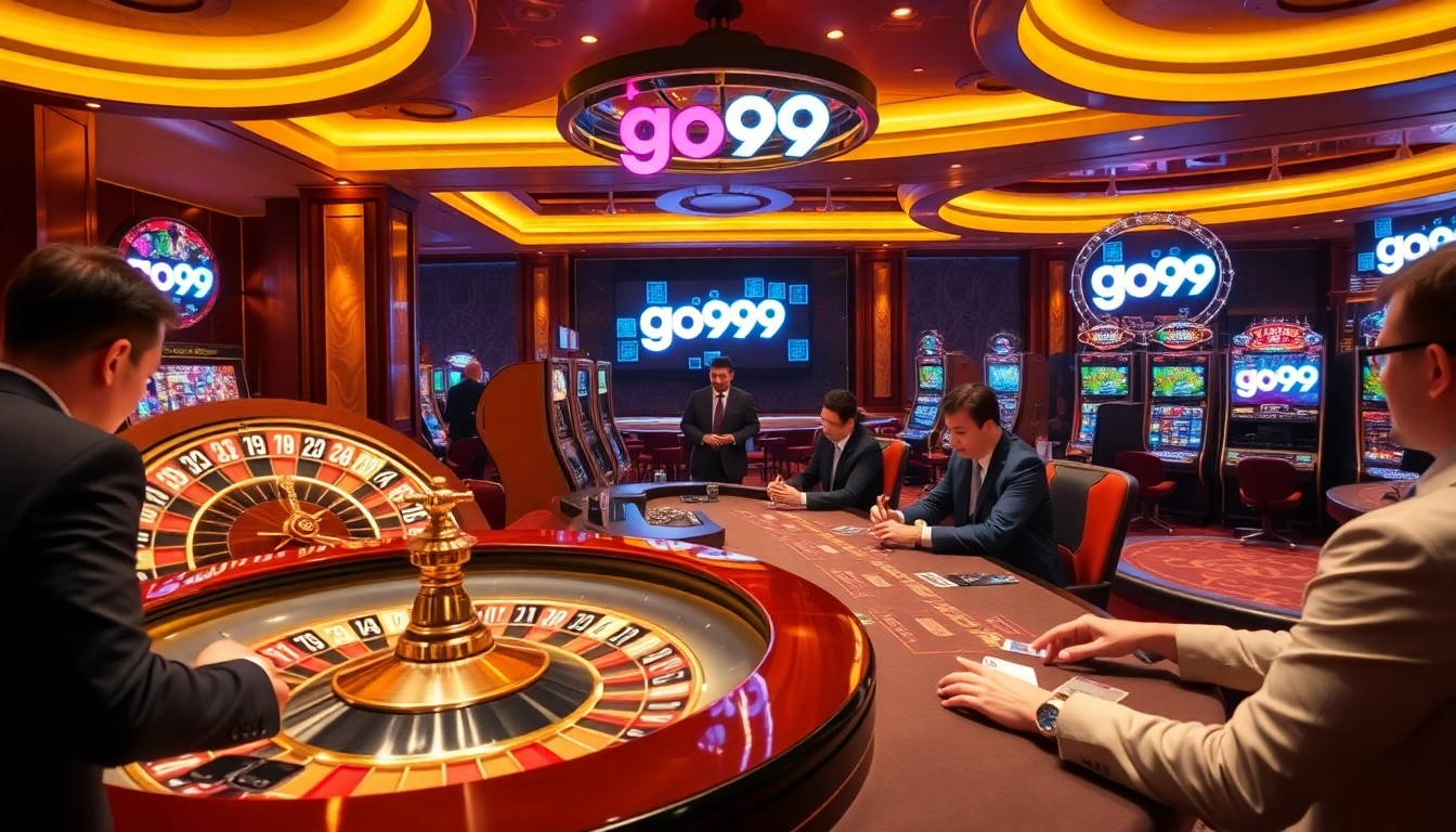 Players enjoying high-stakes gaming at a go99-themed casino featuring roulette and poker tables.